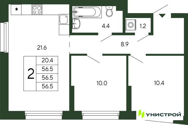 Планировка 2-комн. квартира, 56.5 м² ЖК «Парковый квартал 2.0»