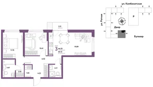 Планировка 3-комн. квартира, 65.72 м² ЖК «Уральский сад»