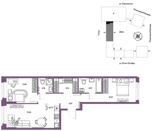 Планировка 3-комн. квартира, 64.77 м² ЖК «Сердце Сибири»