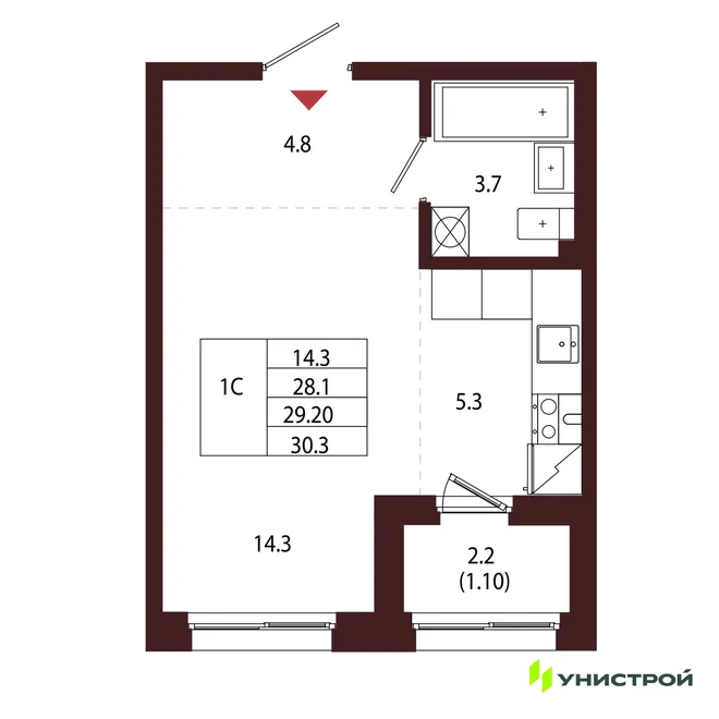 Планировка 1-комн. квартира, 29.2 м² ЖК «Лисино»
