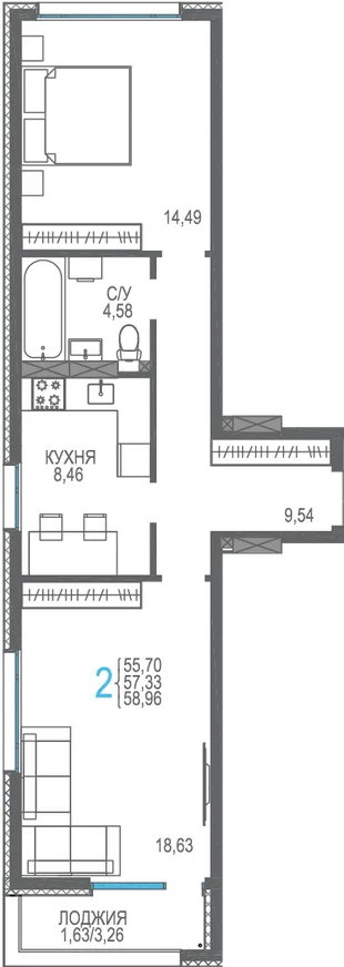 Планировка 2-комн. квартира, 58.96 м² ЖК «Розовое озеро»