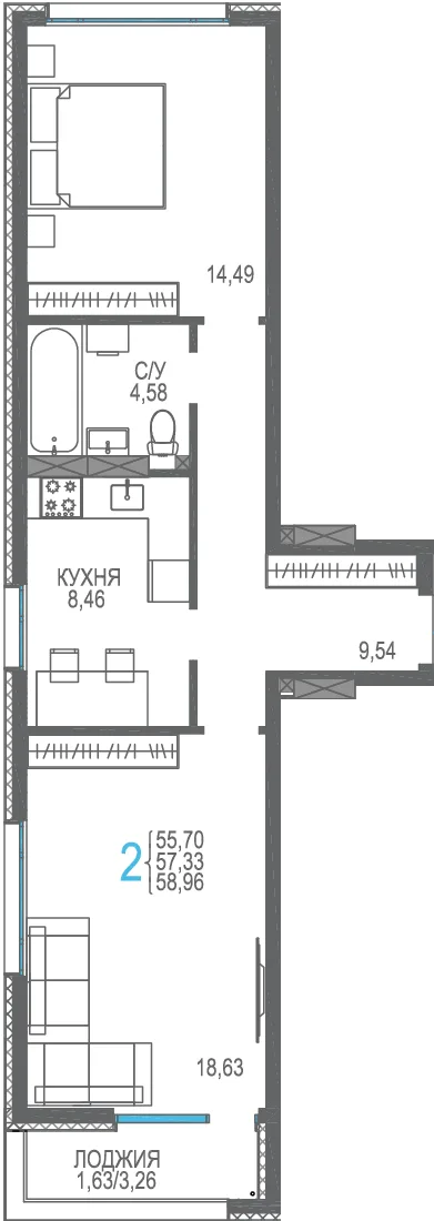 Планировка 2-комн. квартира, 58.96 м² ЖК «Розовое озеро» Планировка 2-комн. квартира, 58.96 м² ЖК «Розовое озеро»