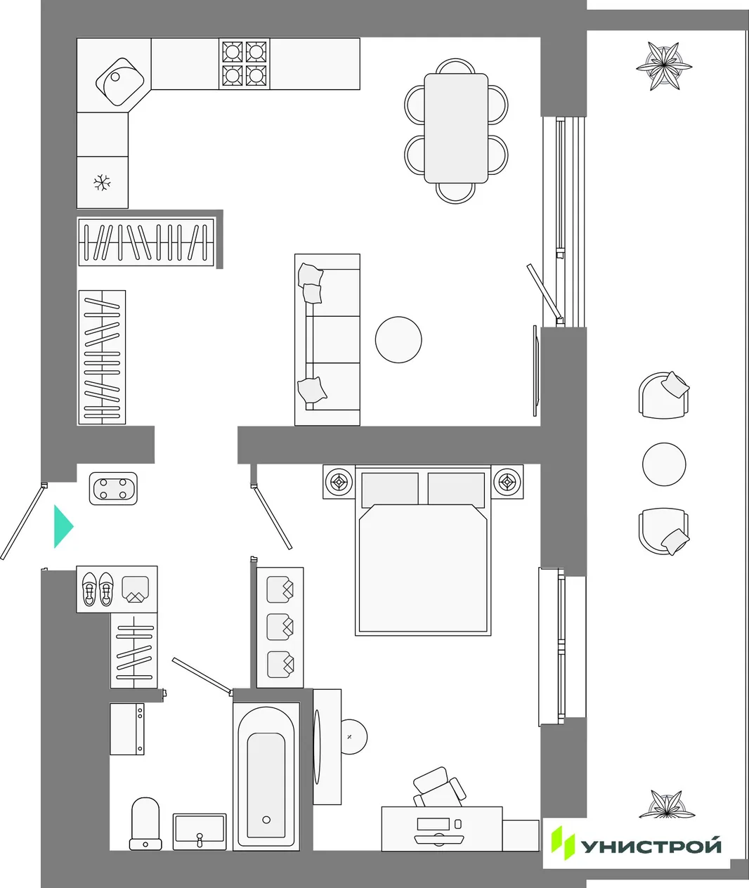 Планировка 1-комн. квартира, 52.62 м² ЖК «Лето»