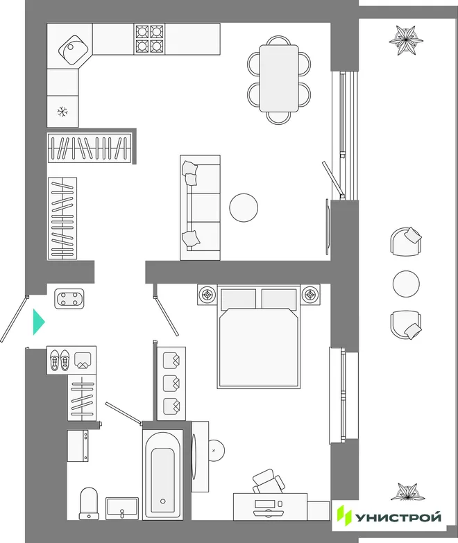 Планировка 1-комн. квартира, 52.62 м² ЖК «Лето» Планировка 1-комн. квартира, 52.62 м² ЖК «Лето»
