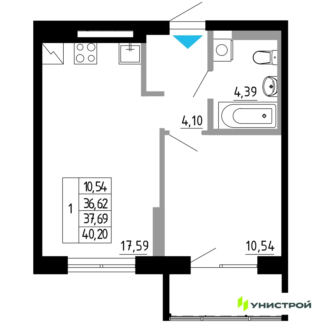 Планировка 1-комн. квартира, 37.69 м² ЖК «Небосклоны»