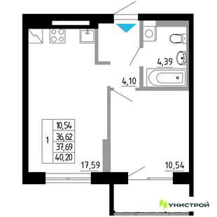 Планировка 1-комн. квартира, 37.69 м² ЖК «Небосклоны»