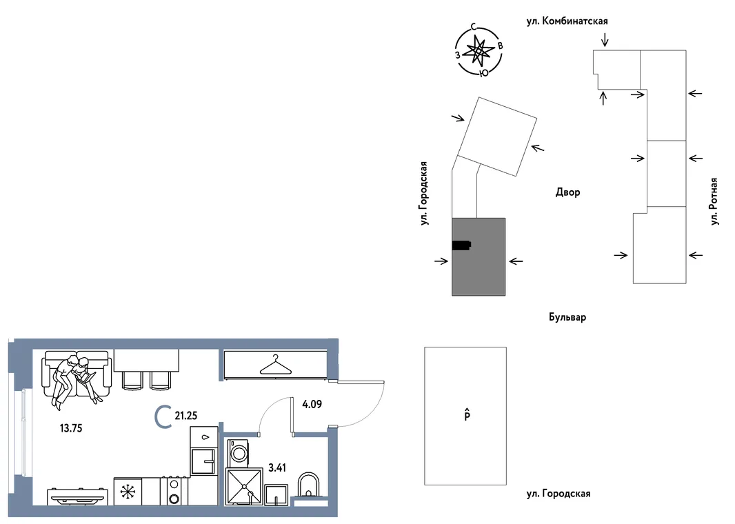 Планировка Студия, 21.25 м² ЖК «Уральский сад»