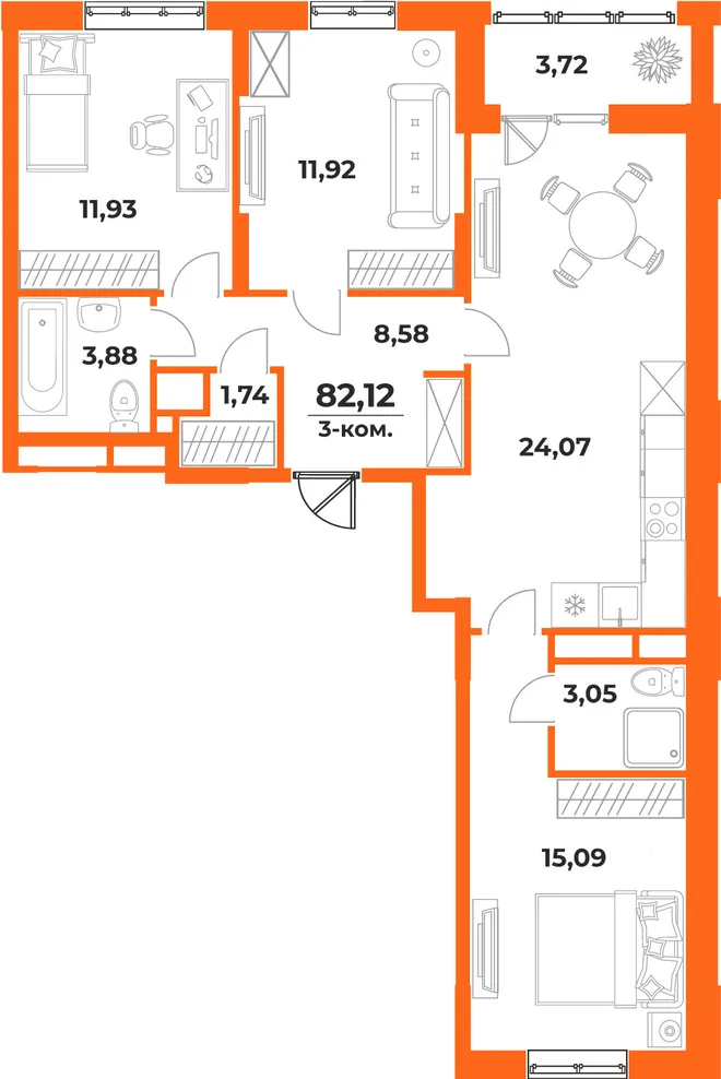 Планировка 3-комн. квартира, 82.12 м² ЖК «Живописный сад» Планировка 3-комн. квартира, 82.12 м² ЖК «Живописный сад»