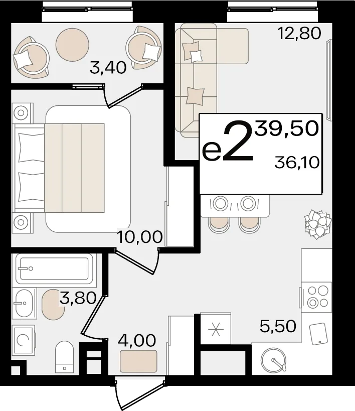 Планировка 2-комн. квартира, 39.5 м² ЖК «Патрики»