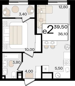 Планировка 2-комн. квартира, 39.5 м² ЖК «Патрики»