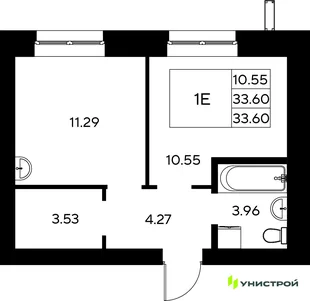 Планировка 1-комн. квартира, 33.6 м² ЖК «Царёво City»