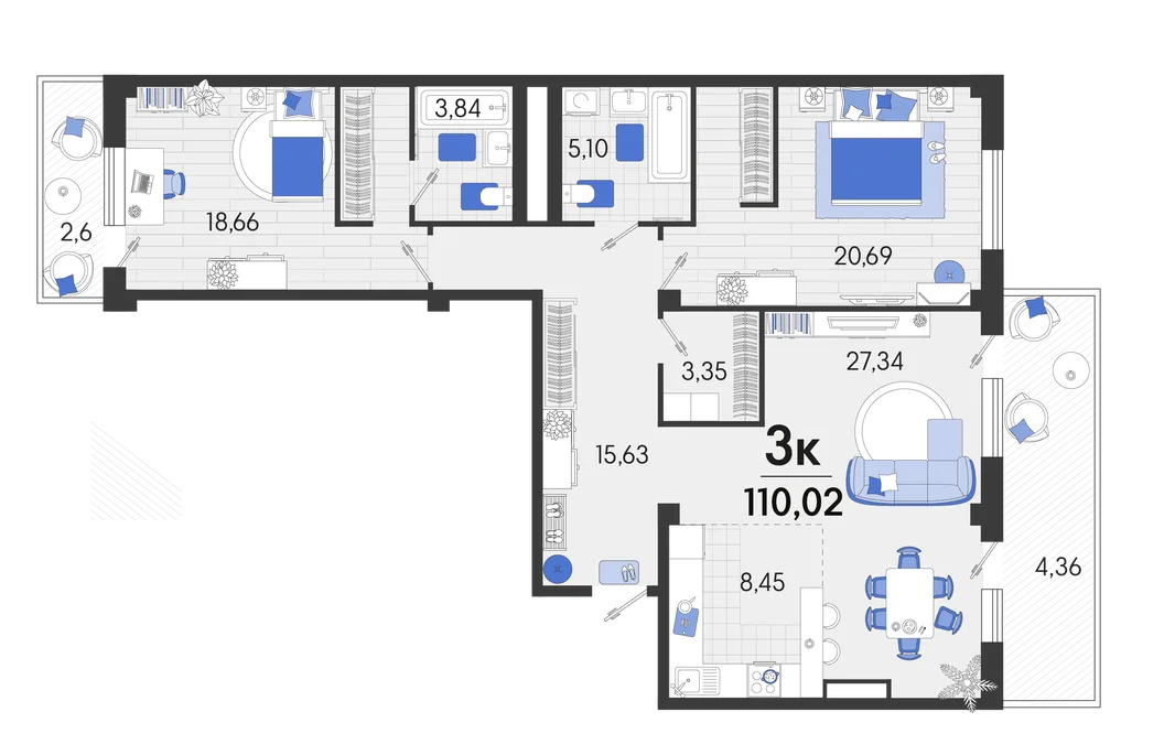 Планировка 3-комн. квартира, 110.7 м² ЖК «Белые Росы 2»