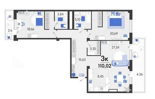 Планировка 3-комн. квартира, 110.7 м² ЖК «Белые Росы 2»