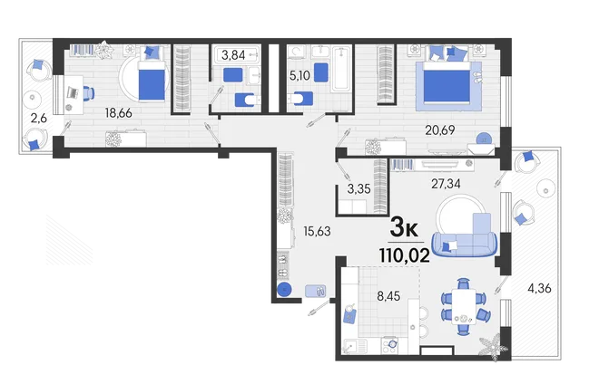 Планировка 3-комн. квартира, 110.7 м² ЖК «Белые Росы 2» Планировка 3-комн. квартира, 110.7 м² ЖК «Белые Росы 2»