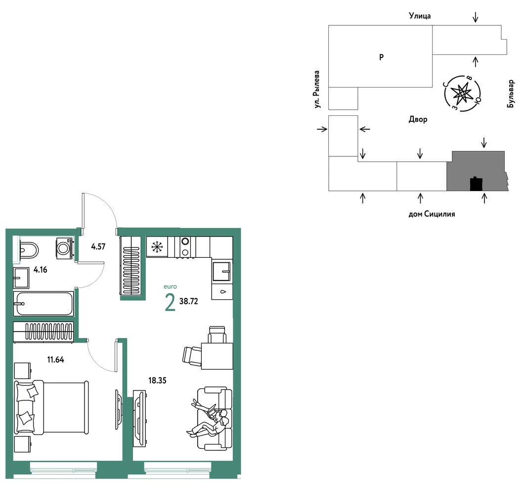 Планировка 2-комн. квартира, 38.72 м² ЖК «Остров-сад»