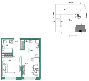 Планировка 2-комн. квартира, 38.72 м² ЖК «Остров-сад»