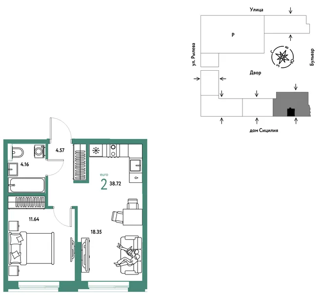 Планировка 2-комн. квартира, 38.72 м² ЖК «Остров-сад» Планировка 2-комн. квартира, 38.72 м² ЖК «Остров-сад»