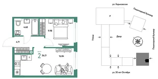 Планировка 2-комн. квартира, 36.21 м² ЖК «Сердце Сибири»