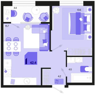 Планировка 1-комн. квартира, 42.4 м² ЖК «Первое место»
