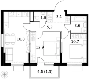 Квартира 2-комн. квартира, 56.6 м² ЖК «1-й Измайловский» Фото 1