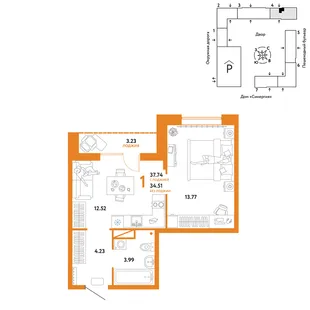 Планировка 1-комн. квартира, 37.74 м² ЖК «Юнион»
