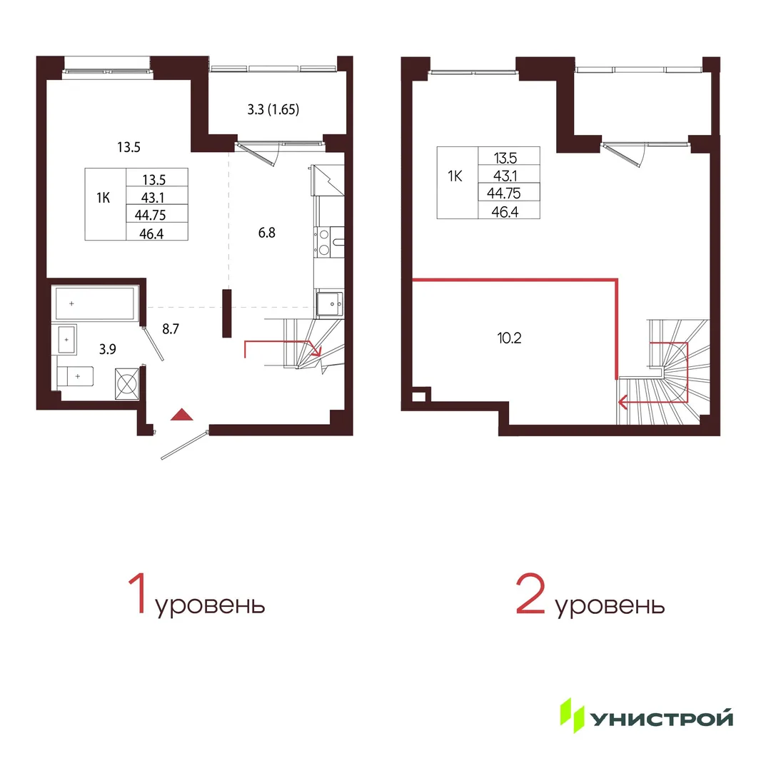 Планировка 1-комн. квартира, 44.75 м² ЖК «Лисино»