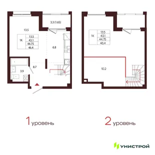 Планировка 1-комн. квартира, 44.75 м² ЖК «Лисино»