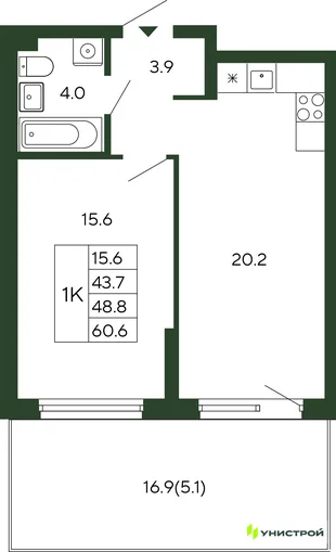 Планировка 1-комн. квартира, 48.8 м² ЖК «Парковый квартал 2.0»