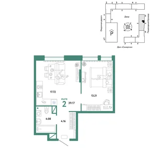 Планировка 2-комн. квартира, 39.17 м² ЖК «Юнион»