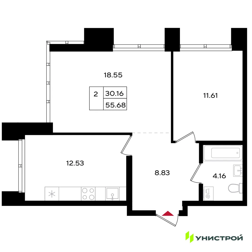 Планировка 2-комн. квартира, 55.68 м² ЖК «Уникум на Энгельса»