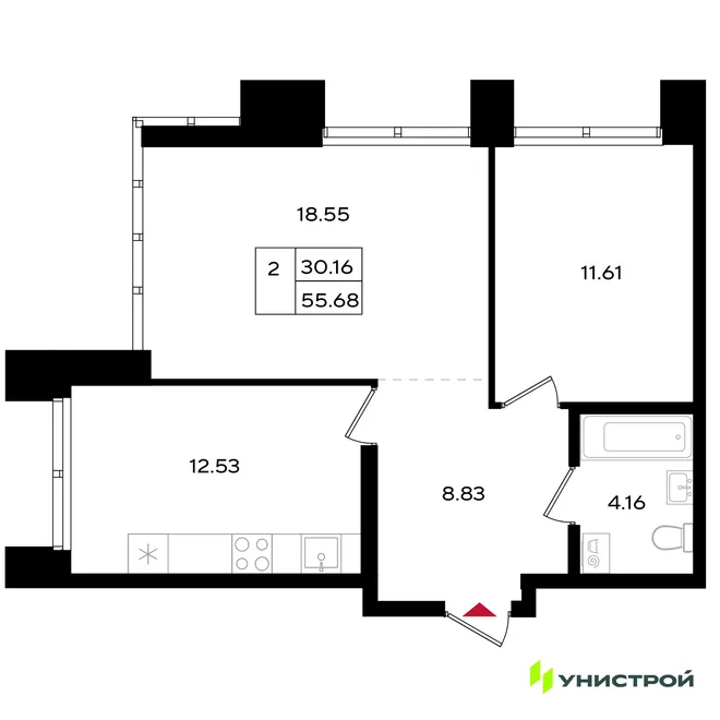 Планировка 2-комн. квартира, 55.68 м² ЖК «Уникум на Энгельса» Планировка 2-комн. квартира, 55.68 м² ЖК «Уникум на Энгельса»