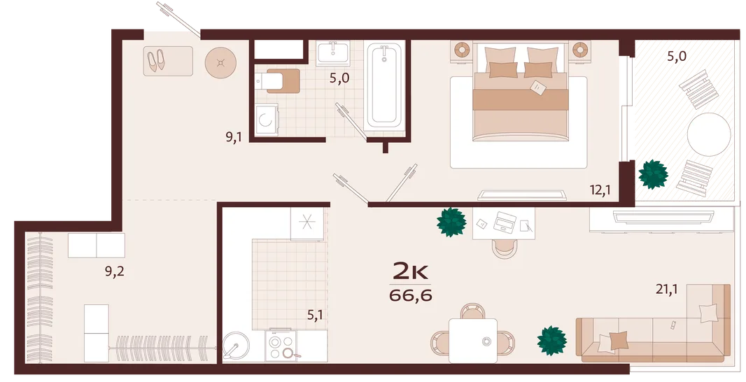 Планировка 2-комн. квартира, 66.6 м² ЖК «Роялта»