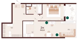 Планировка 2-комн. квартира, 66.6 м² ЖК «Роялта»