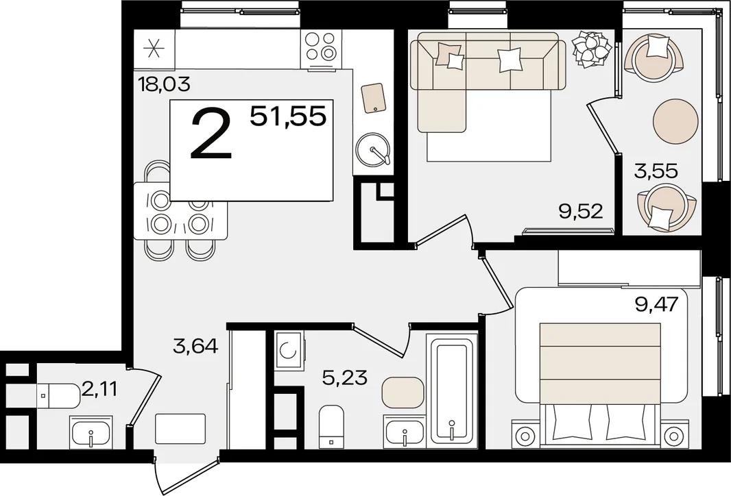 Планировка 2-комн. квартира, 51.55 м² ЖК «Патрики»