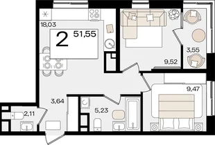 Планировка 2-комн. квартира, 51.55 м² ЖК «Патрики»