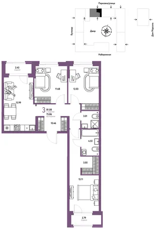 Планировка 3-комн. квартира, 81.08 м² ЖК «Европейский берег 2.0»