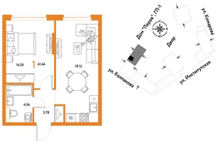 Планировка 1-комн. квартира, 41.64 м² ЖК «Страна.Парковая»