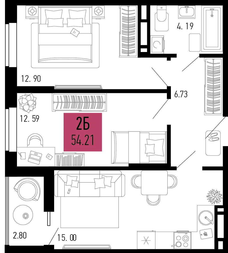 Планировка 2-комн. квартира, 54.21 м² ЖК «Столицыно»