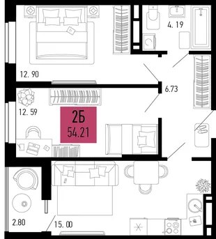 Планировка 2-комн. квартира, 54.21 м² ЖК «Столицыно»