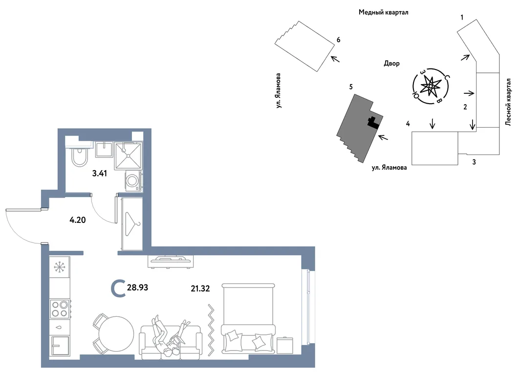 Планировка Студия, 28.93 м² ЖК «Сибирский сад»