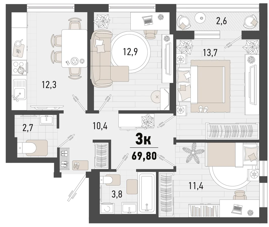 Планировка 3-комн. квартира, 69.8 м² ЖК «Барса»