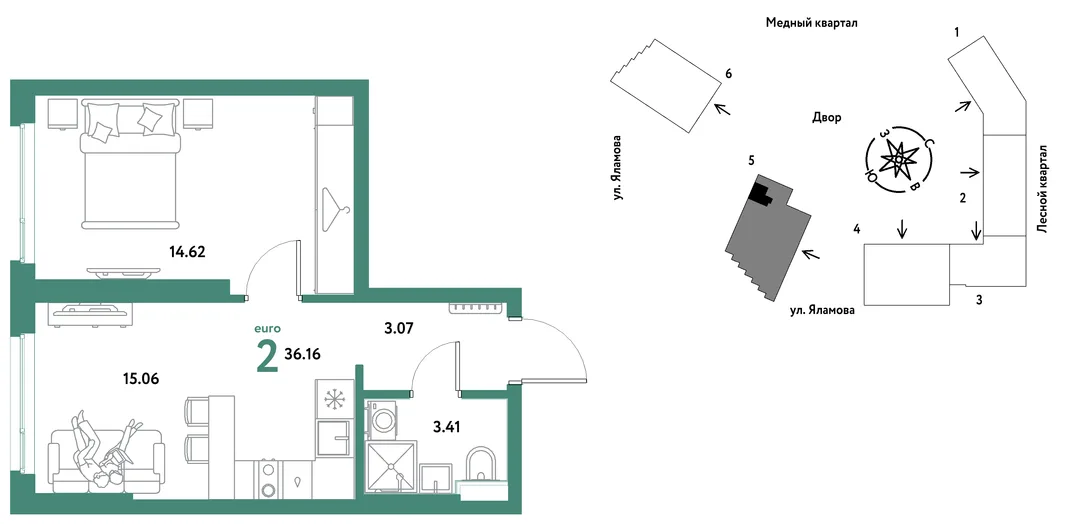 Планировка 2-комн. квартира, 36.16 м² ЖК «Сибирский сад»