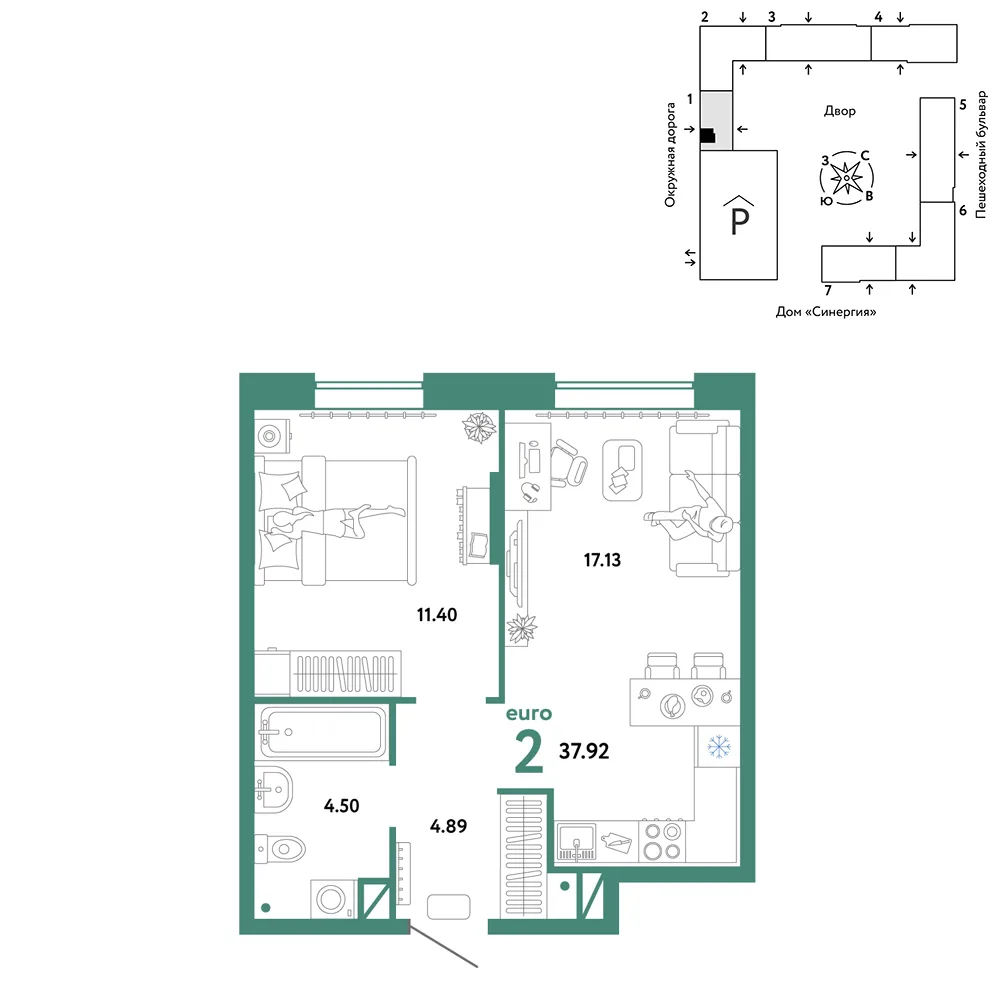 Планировка 2-комн. квартира, 37.92 м² ЖК «Юнион»
