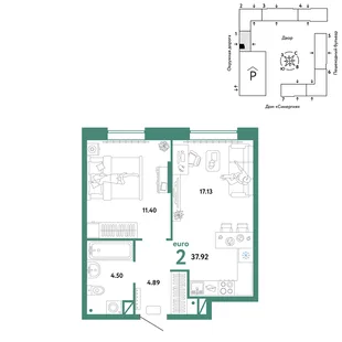 Планировка 2-комн. квартира, 37.92 м² ЖК «Юнион»