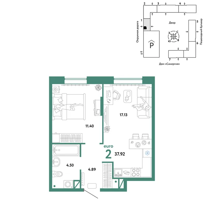 Планировка 2-комн. квартира, 37.92 м² ЖК «Юнион» Планировка 2-комн. квартира, 37.92 м² ЖК «Юнион»