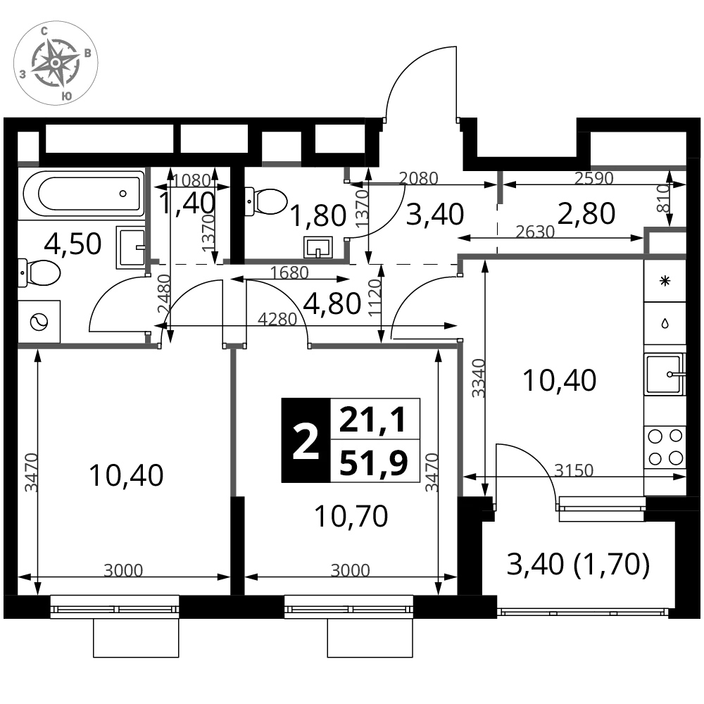 Планировка 2-комн. квартира, 51.8 м² ЖК «1-й Химкинский»