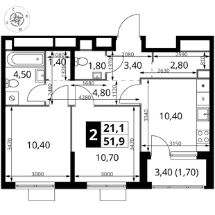 Планировка 2-комн. квартира, 51.8 м² ЖК «1-й Химкинский»