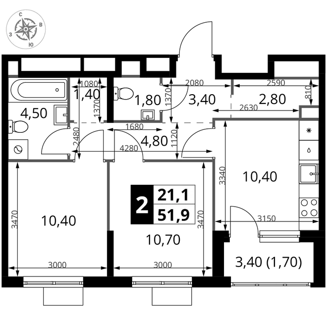 Планировка 2-комн. квартира, 51.8 м² ЖК «1-й Химкинский» Планировка 2-комн. квартира, 51.8 м² ЖК «1-й Химкинский»