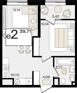 Планировка 2-комн. квартира, 39.71 м² ЖК «Патрики»
