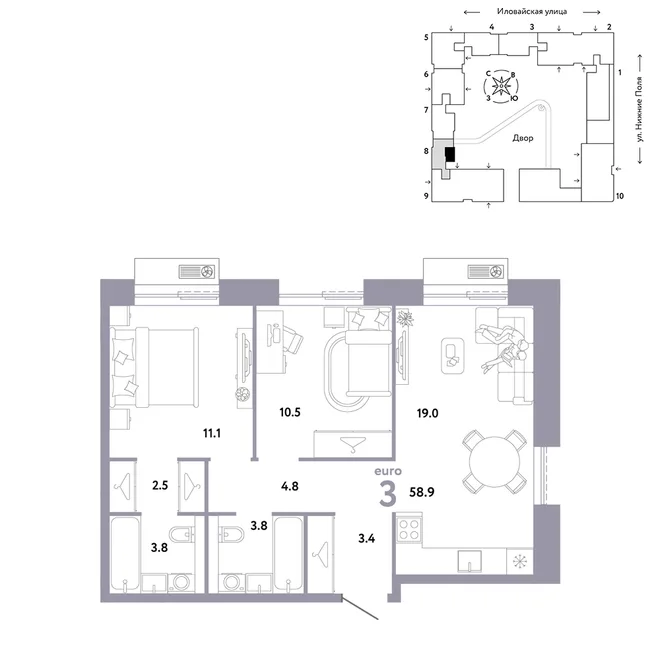 Планировка 3-комн. квартира, 58.9 м² ЖК «Страна.Заречная» Планировка 3-комн. квартира, 58.9 м² ЖК «Страна.Заречная»